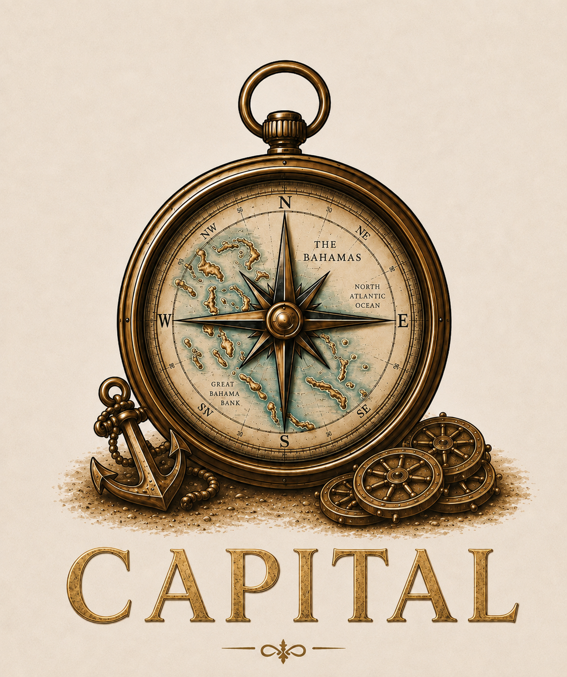 CAPITAL mark: antique compass over a map of The Bahamas with anchor and ship wheels