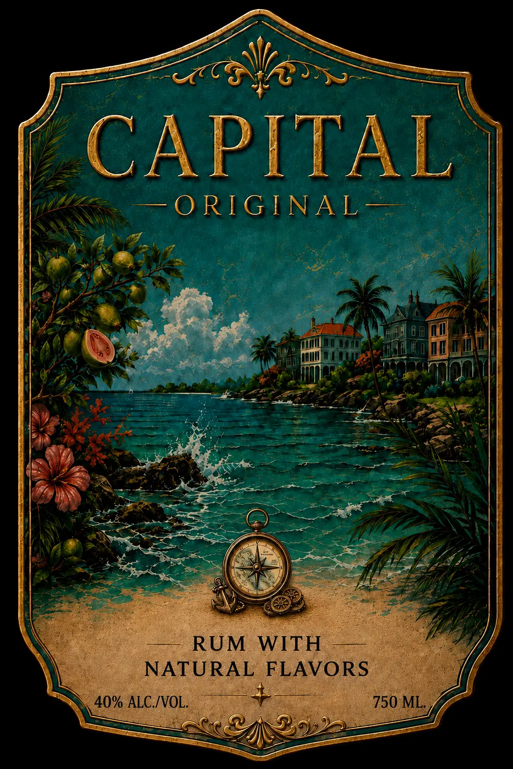 CAPITAL Original front label showing a Bahamian coastline, compass, and gold framing