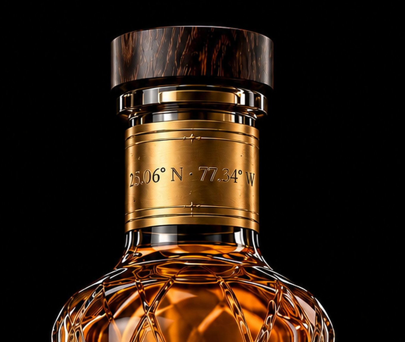 Close-up of the CAPITAL bottle neck engraved with the coordinates 25.06° N, 77.34° W