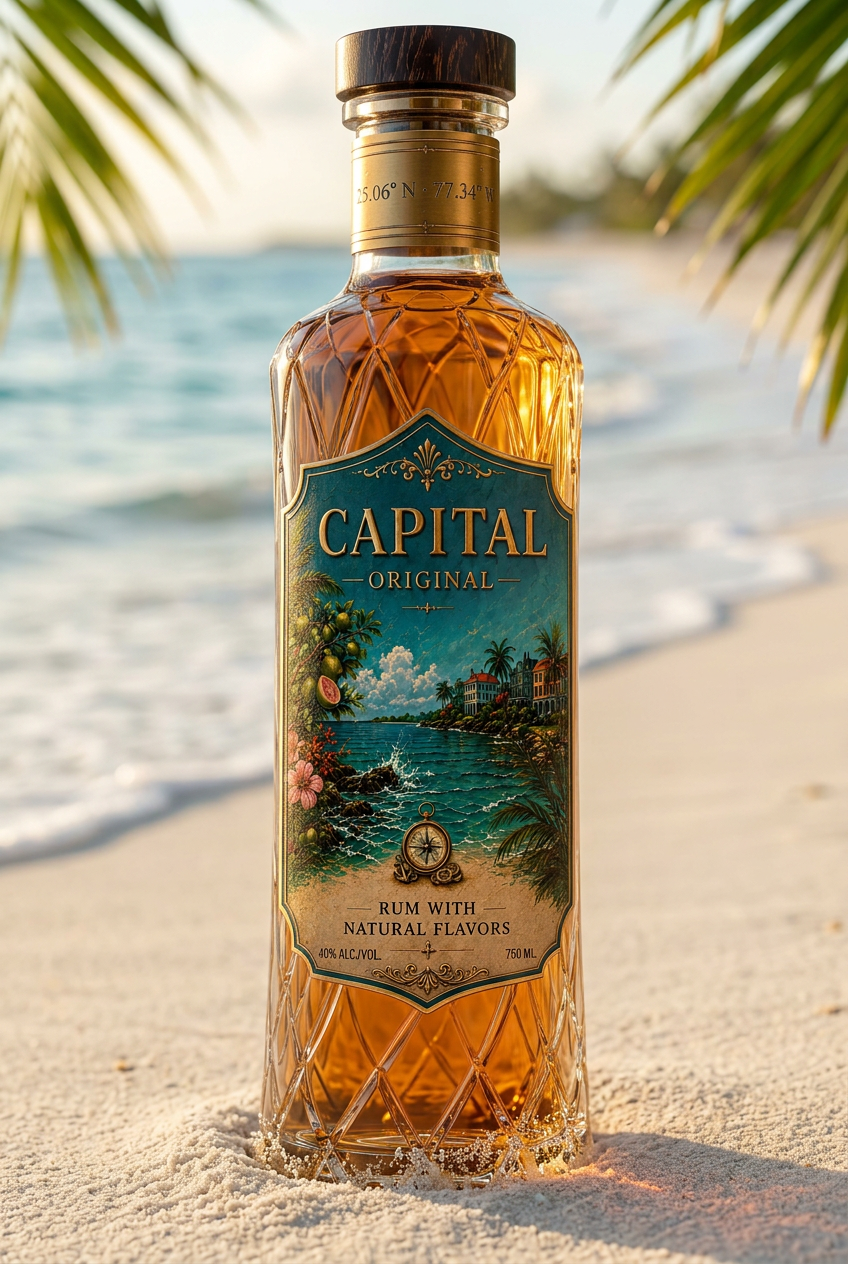 CAPITAL Original rum bottle resting in Bahamian beach sand